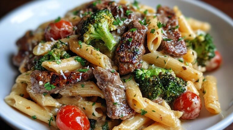 creamy garlic steak penne