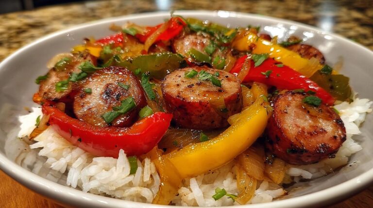 sausage and peppers over rice